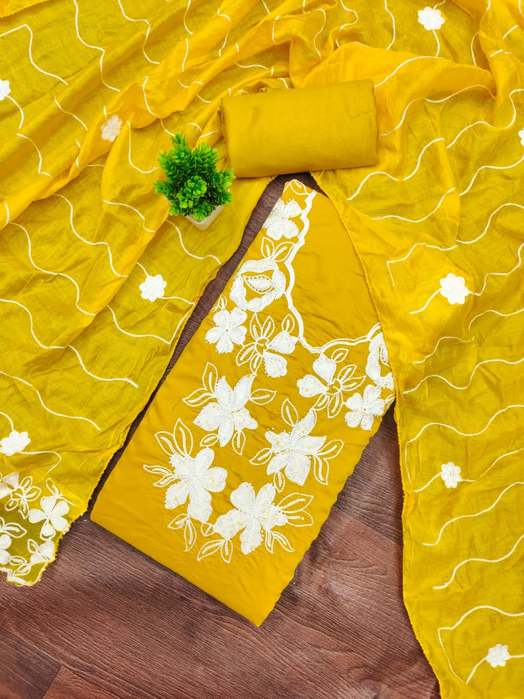 Mustard Roman Silk Embroidered Unstitched Dress Material - Image 3