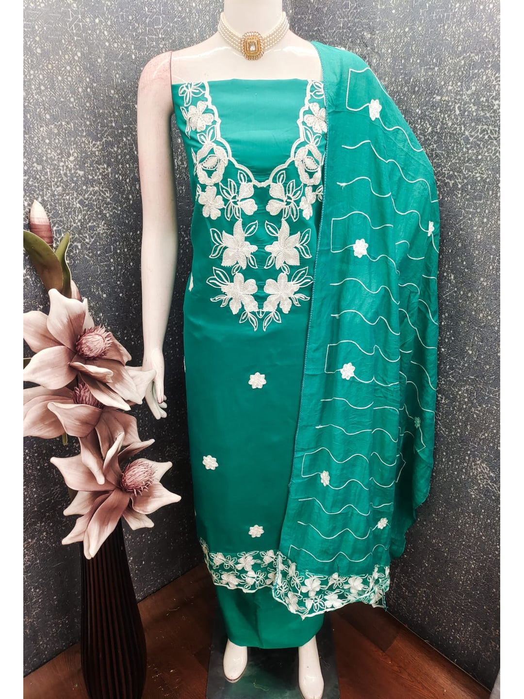 Turquoise Roman Silk Embroidered Unstitched Dress Material - Image 4