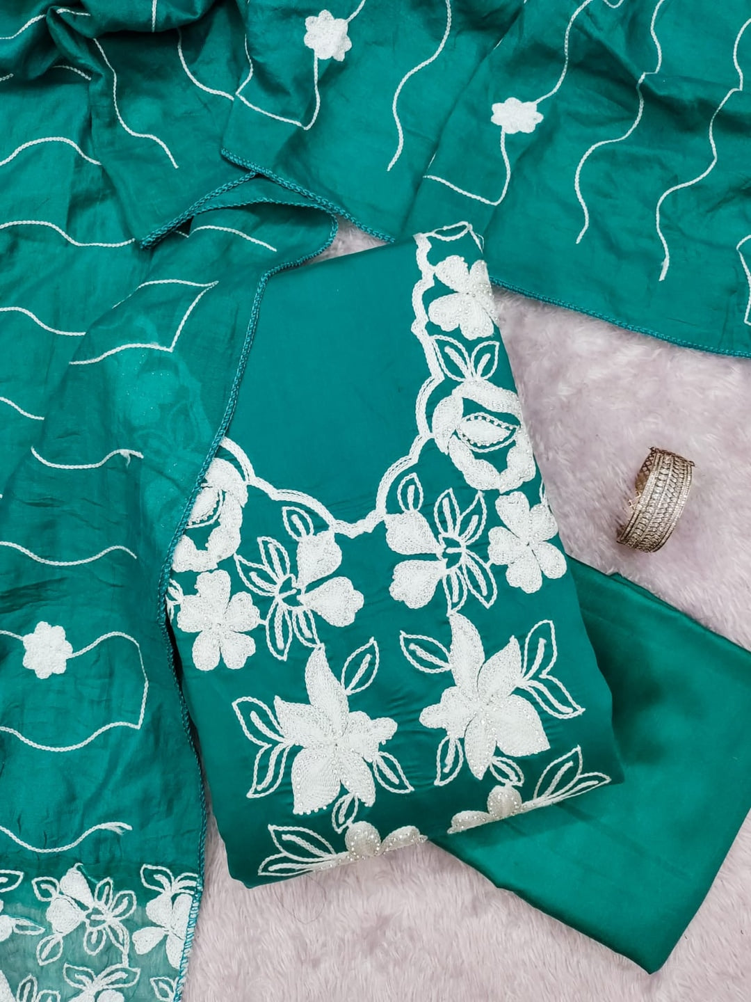 Turquoise Roman Silk Embroidered Unstitched Dress Material - Image 5
