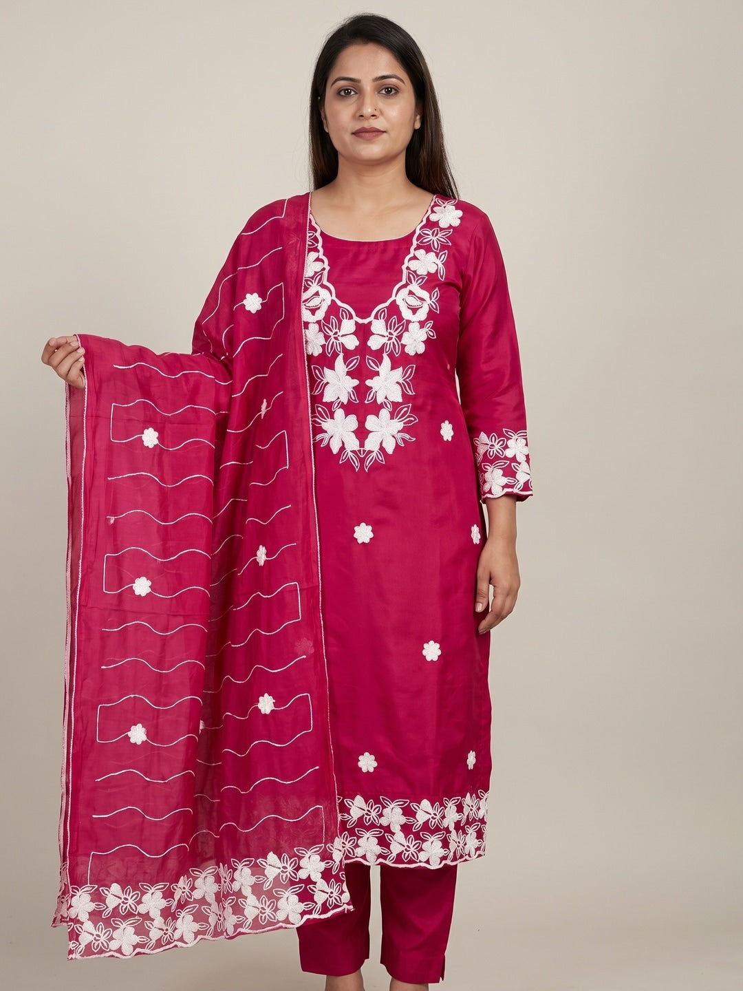 Pink Roman Silk Embroidered Unstitched Dress Material - Image 2