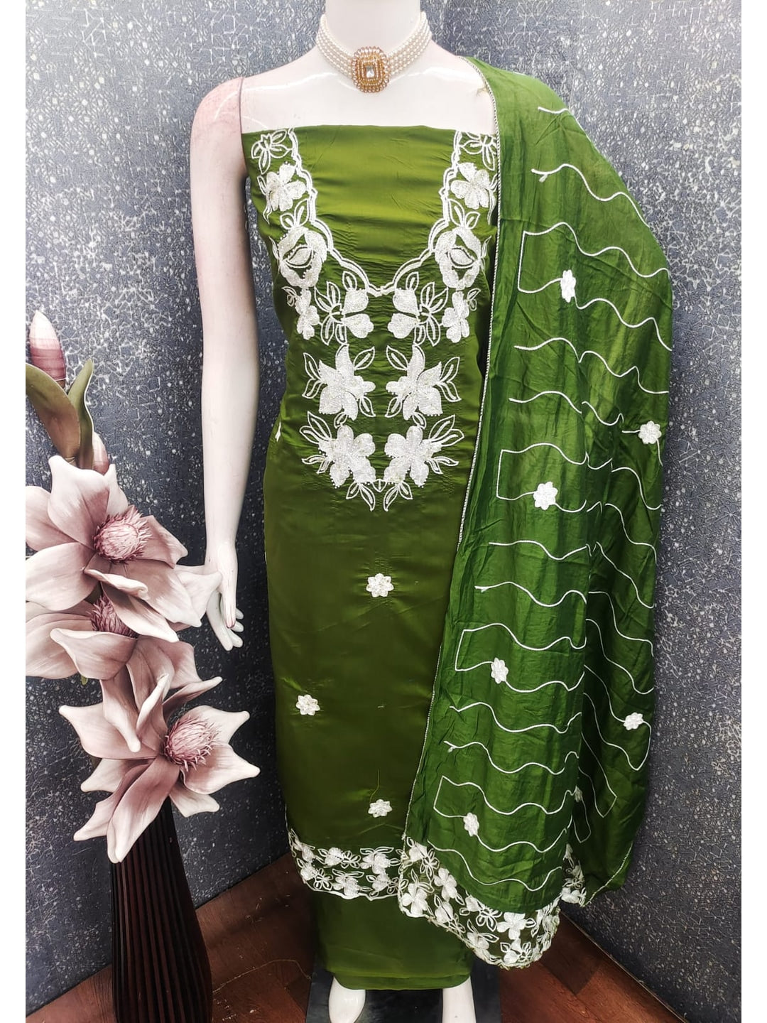 Olive Roman Silk Embroidered Unstitched Dress Material - Image 3