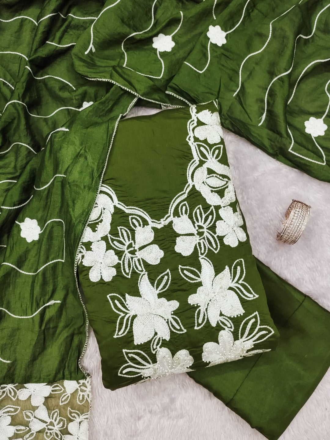 Olive Roman Silk Embroidered Unstitched Dress Material - Image 4