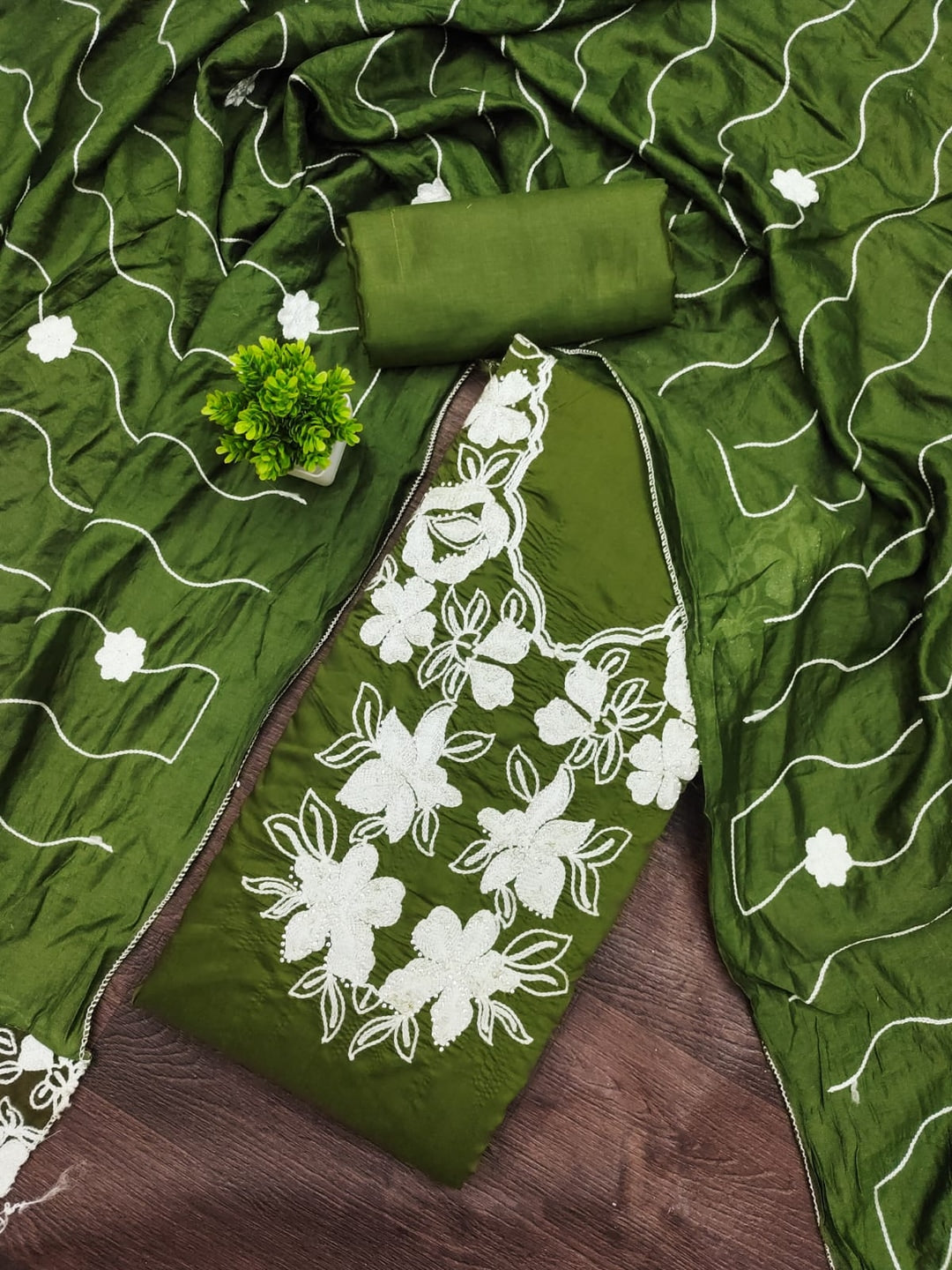 Olive Roman Silk Embroidered Unstitched Dress Material - Image 5
