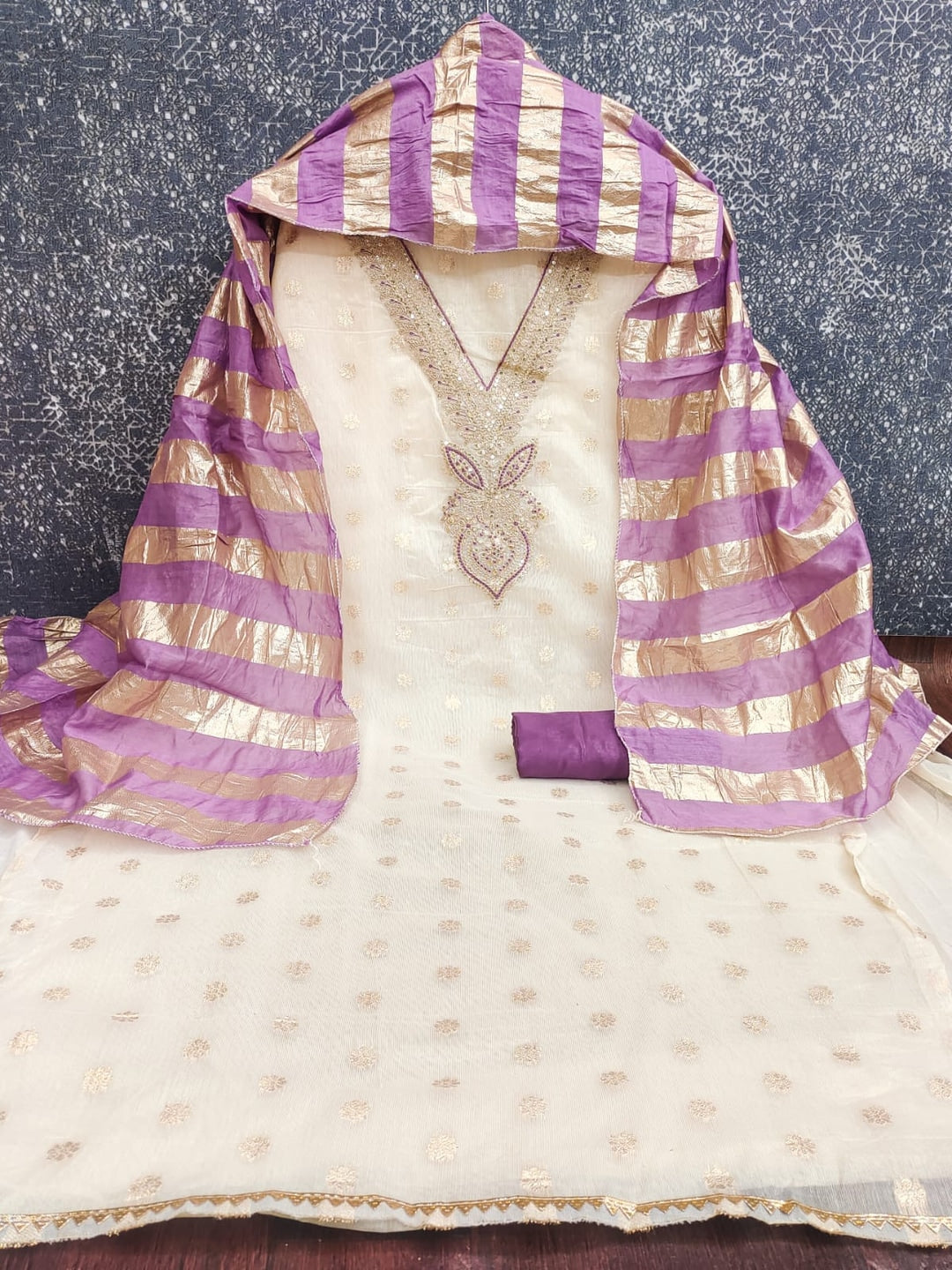 Lavender Shimmer Embroidered Unstitched Dress Material - Image 1