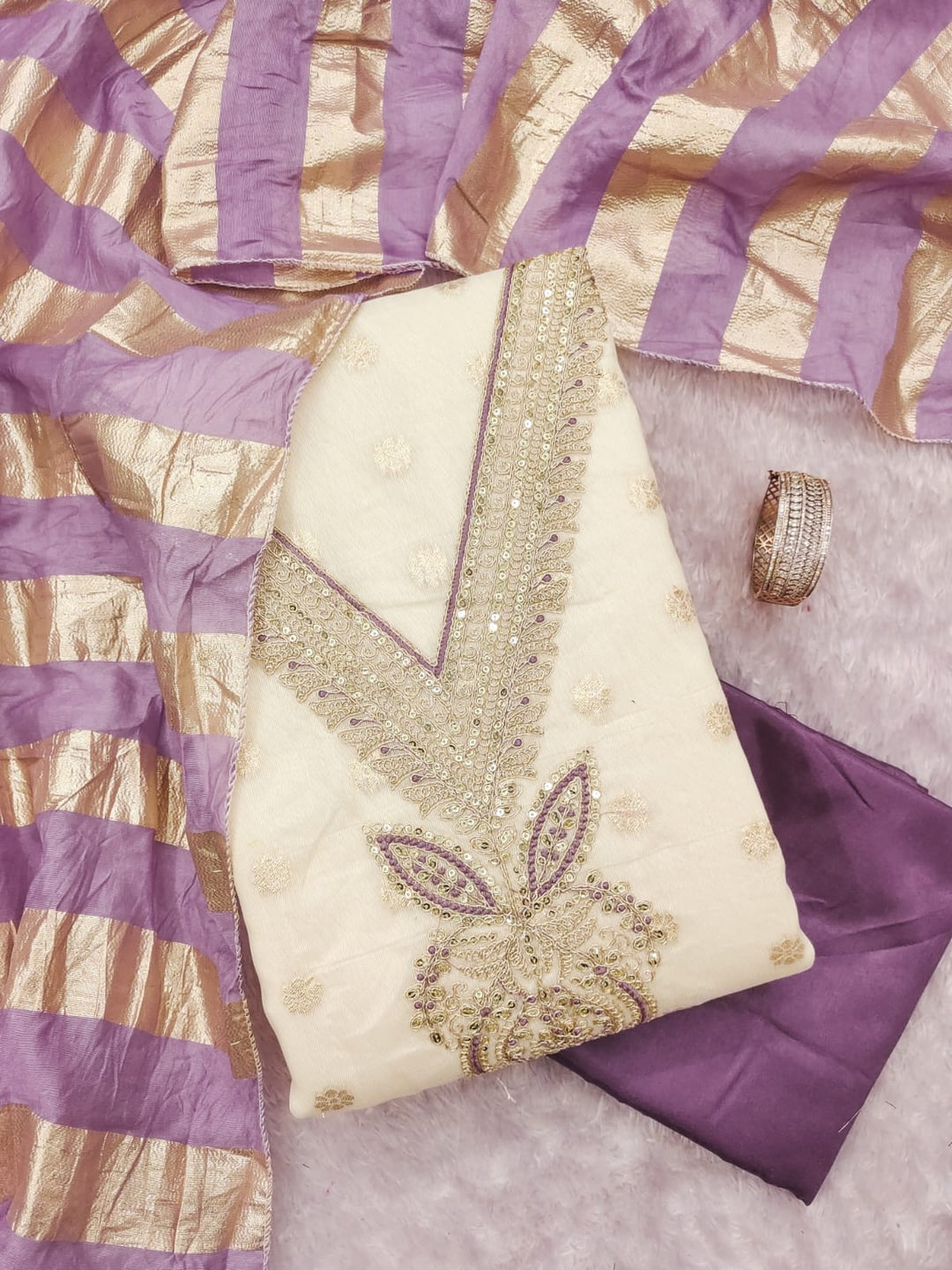 Lavender Shimmer Embroidered Unstitched Dress Material - Image 4