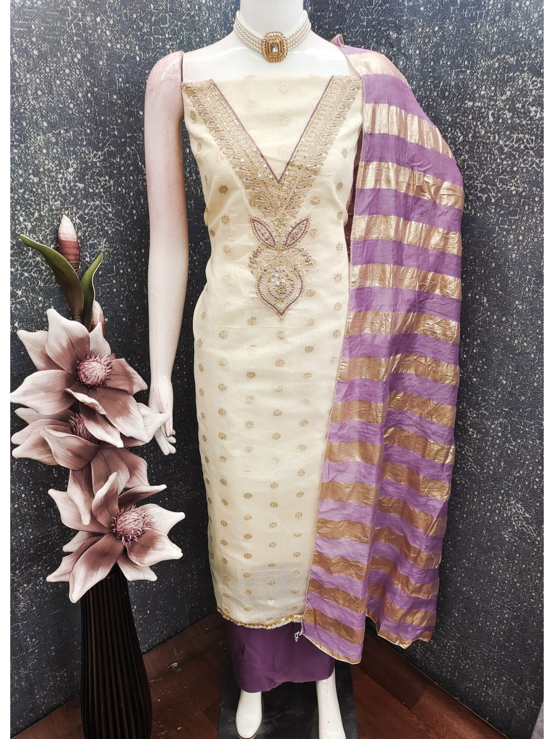 Lavender Shimmer Embroidered Unstitched Dress Material - Image 5