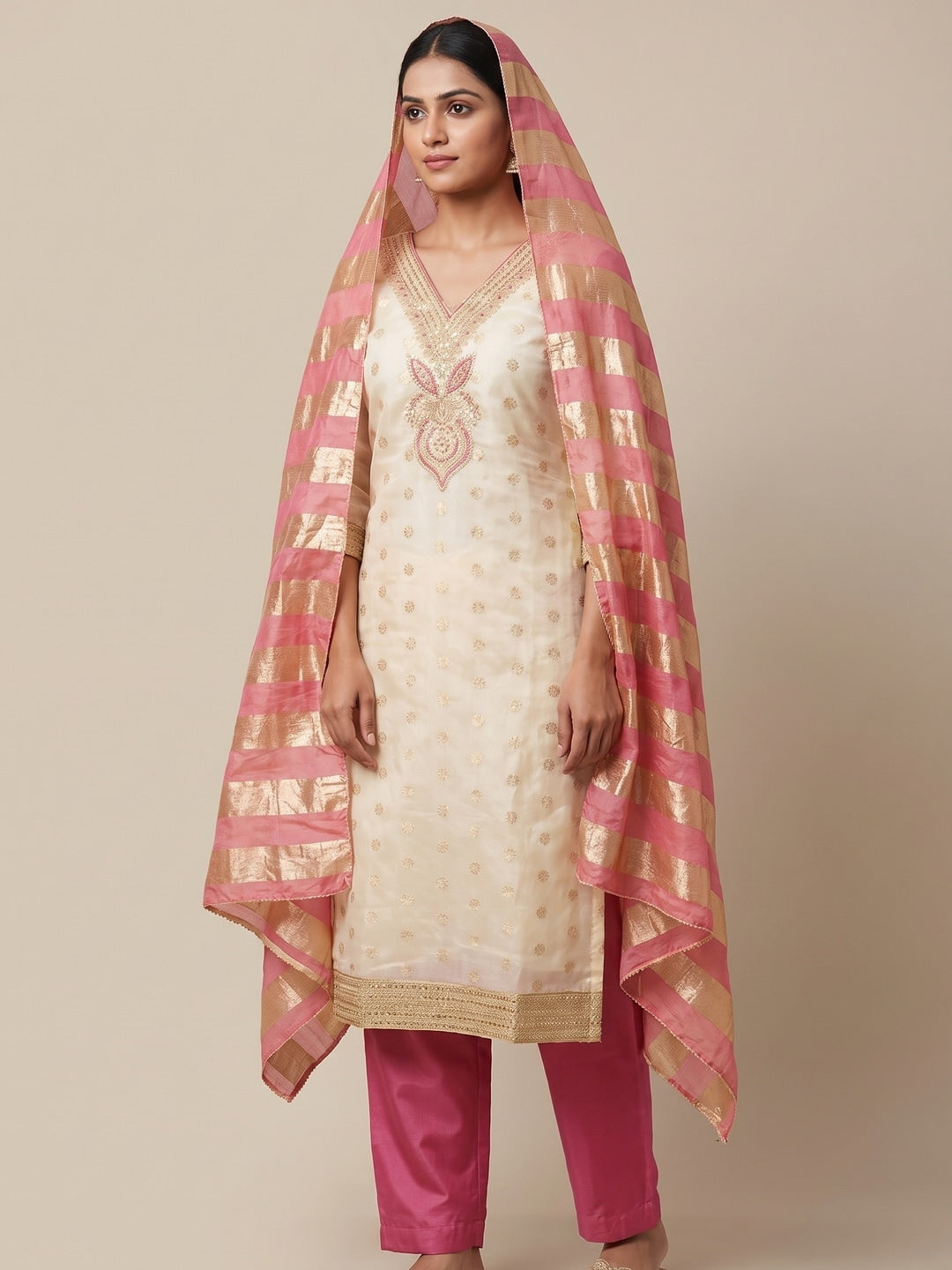 Pink Shimmer Embroidered Unstitched Dress Material - Image 2