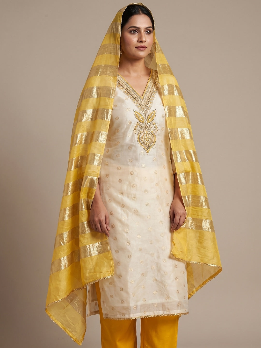 Mustard Shimmer Embroidered Unstitched Dress Material - Image 2