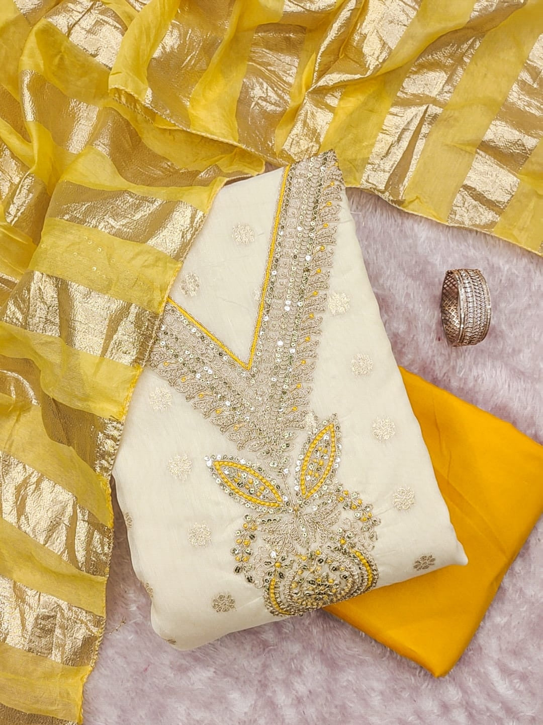 Mustard Shimmer Embroidered Unstitched Dress Material - Image 5