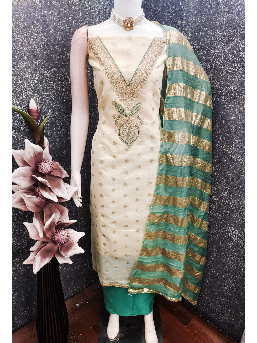 Turquoise Shimmer Embroidered Unstitched Dress Material - Image 3