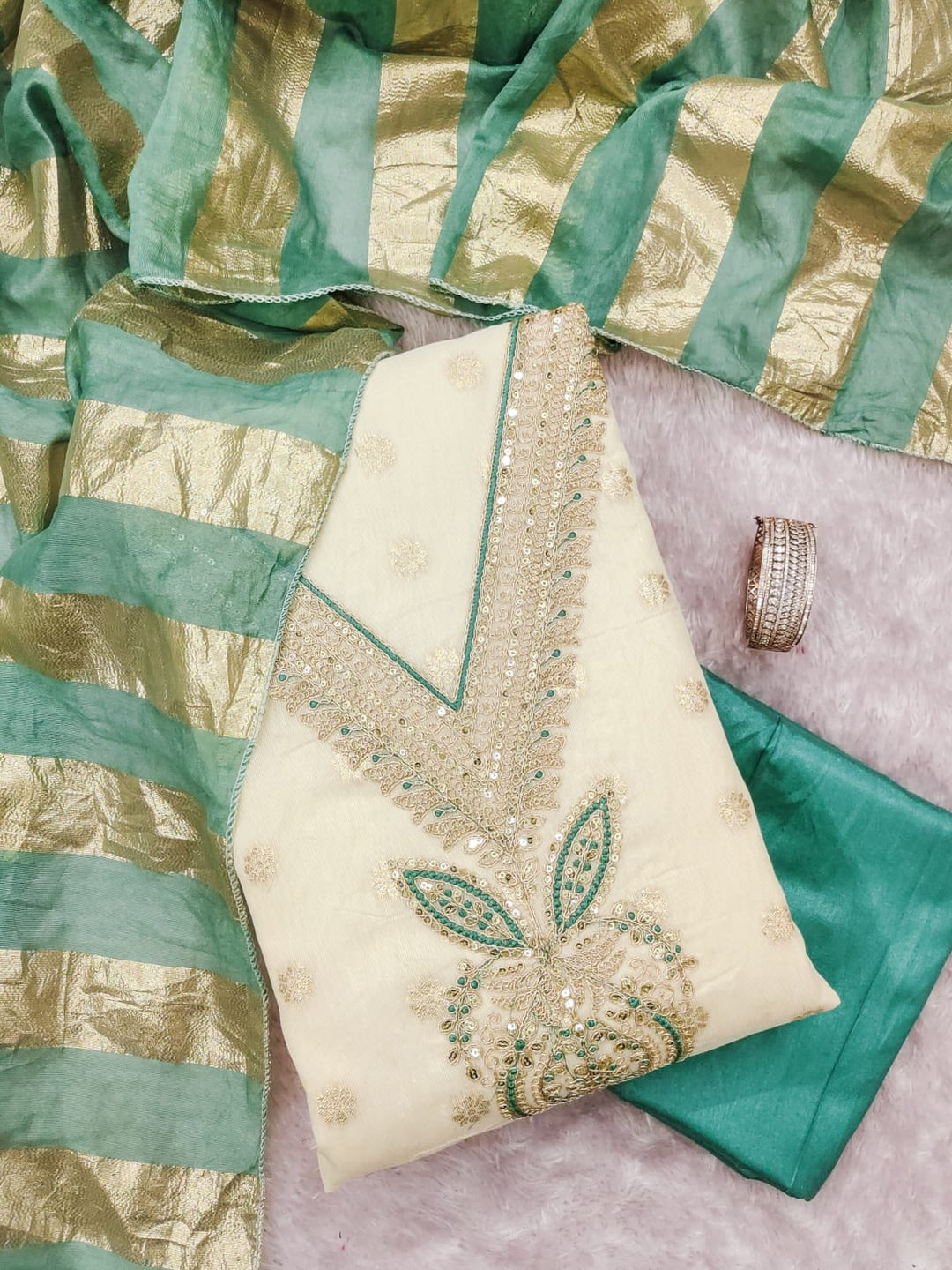 Turquoise Shimmer Embroidered Unstitched Dress Material - Image 5