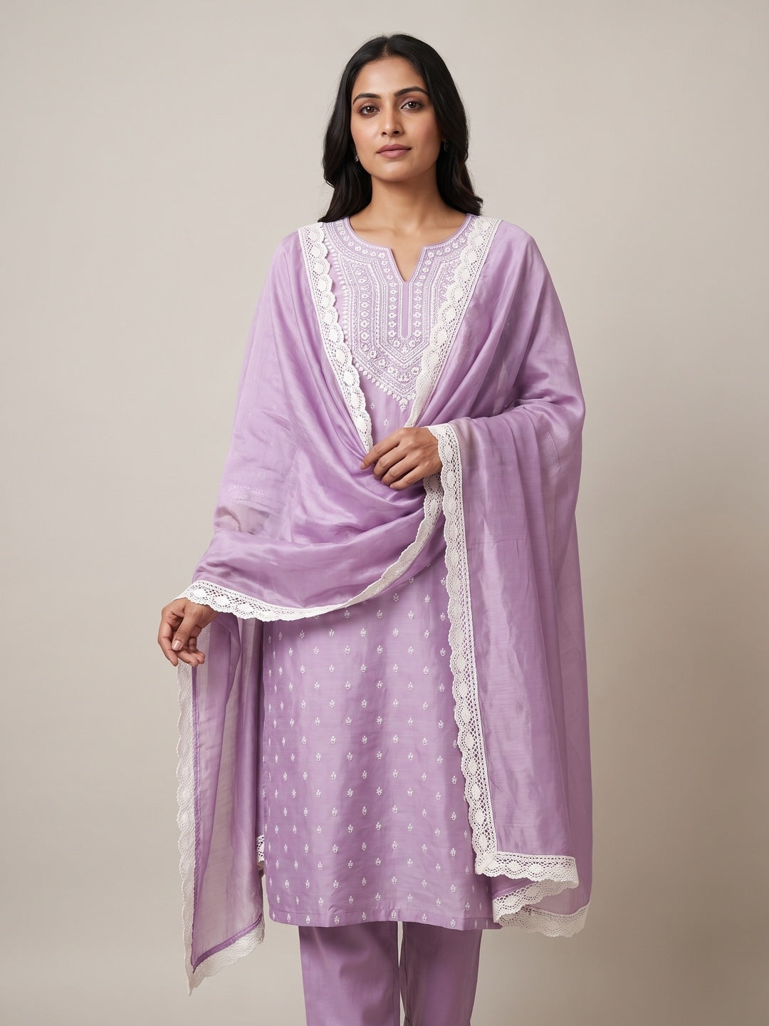 Lavender Chanderi Silk Embroidered Unstitched Dress Material - Image 2