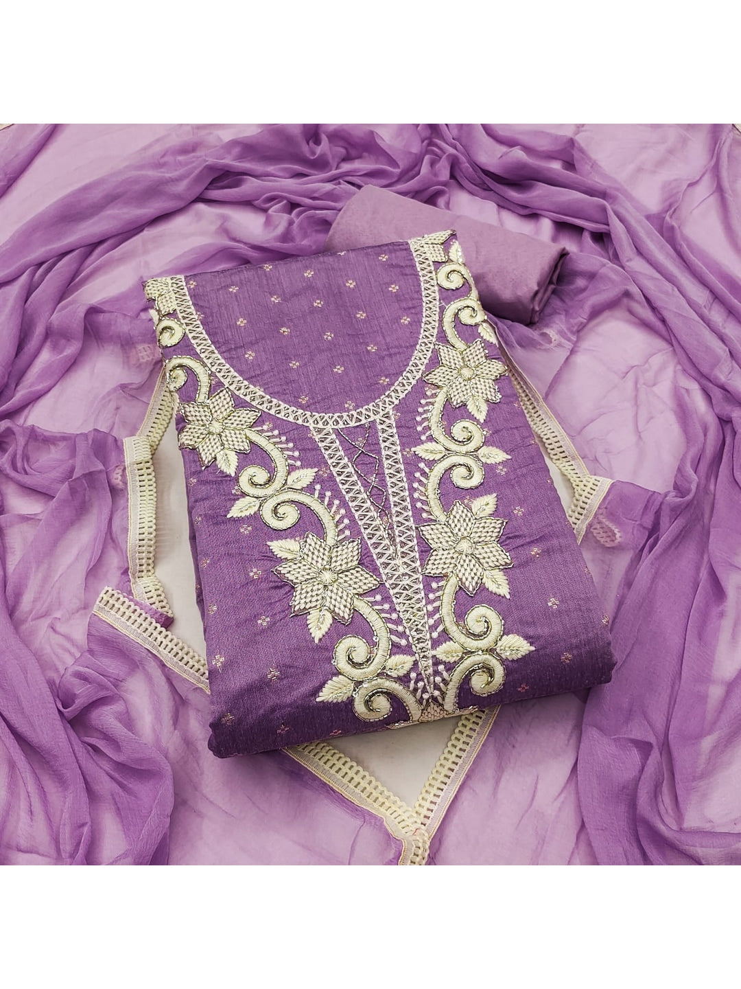 Lavender Chanderi Silk Embroidered Unstitched Dress Material - Image 5