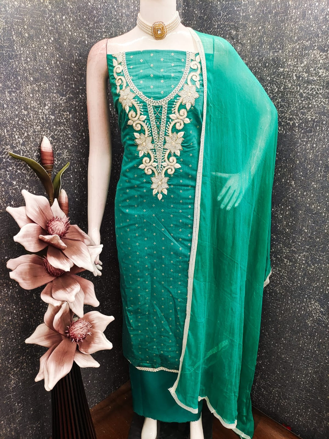 Turquoise Chanderi Silk Embroidered Unstitched Dress Material - Image 5