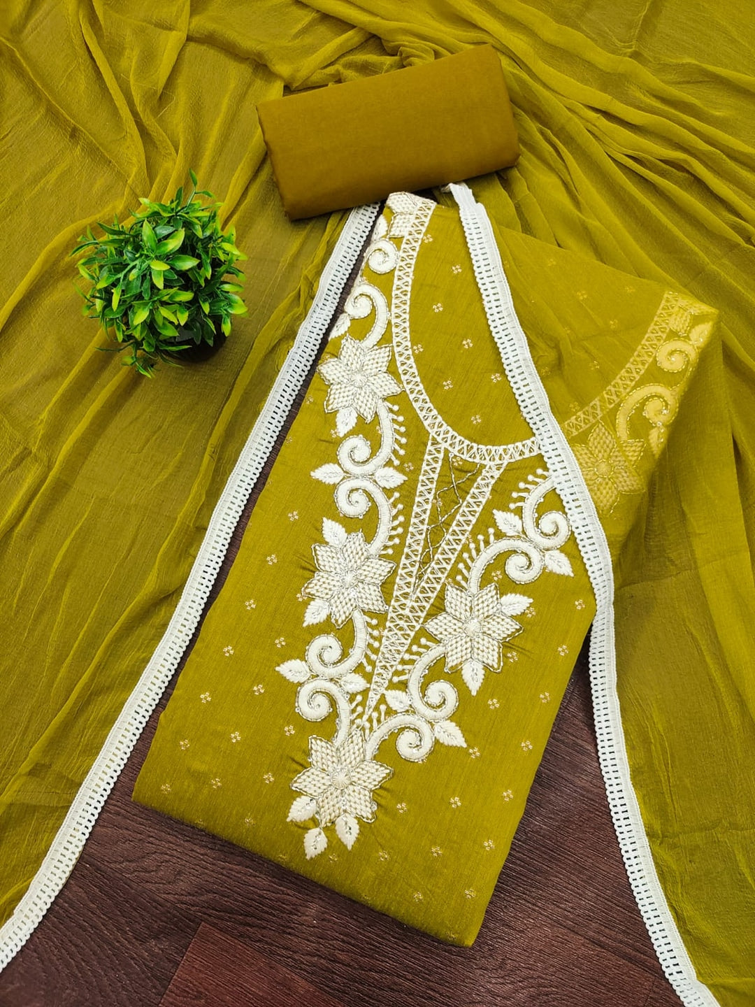 Mustard Chanderi Silk Embroidered Unstitched Dress Material - Image 3