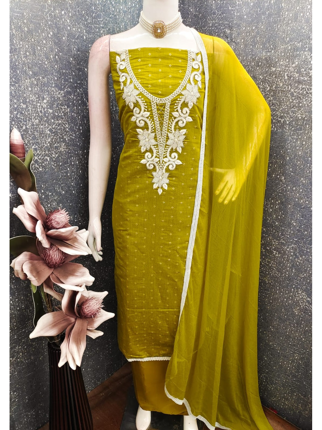 Mustard Chanderi Silk Embroidered Unstitched Dress Material - Image 5