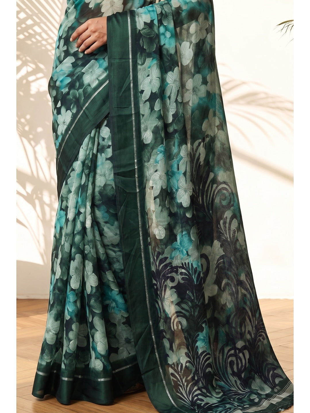 Peachmode Dark Green Floral Printed Satin Saree - Image 3