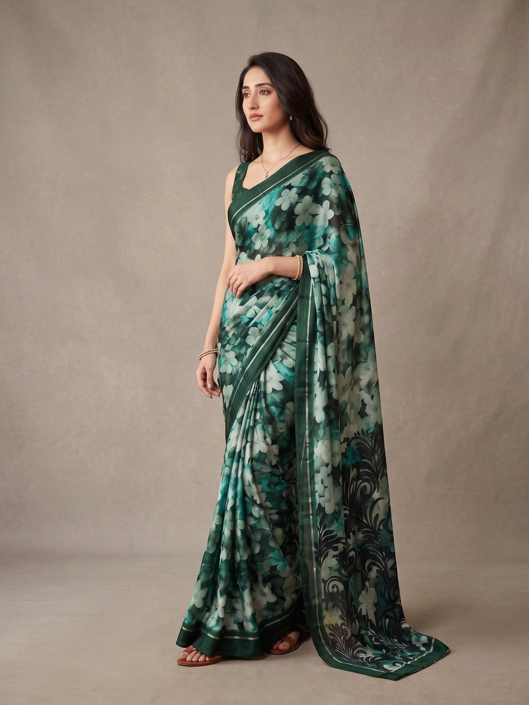 Peachmode Dark Green Floral Printed Satin Saree - Image 5