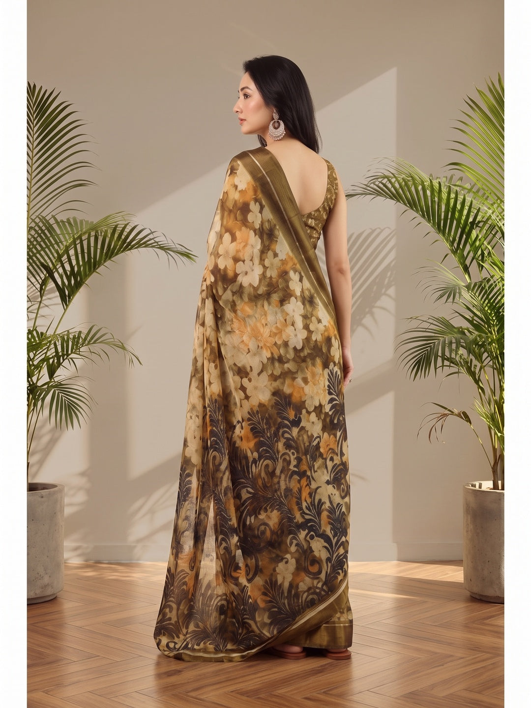 Peachmode Yellow Floral Printed Satin Saree - Image 5
