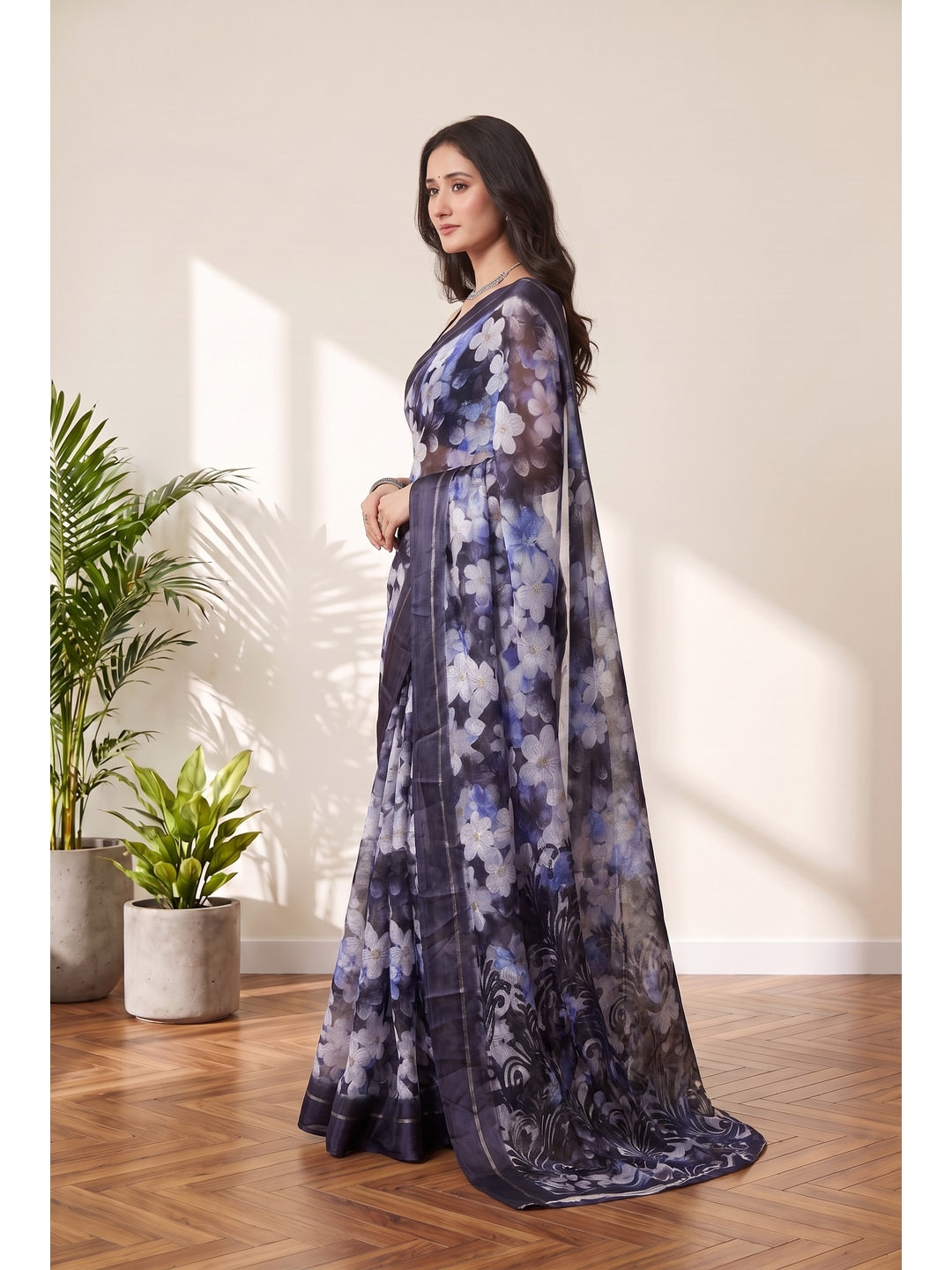 Peachmode Purple Floral Printed Satin Saree - Image 2