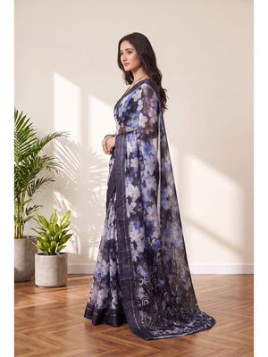 Peachmode Purple Floral Printed Satin Saree - Image 2