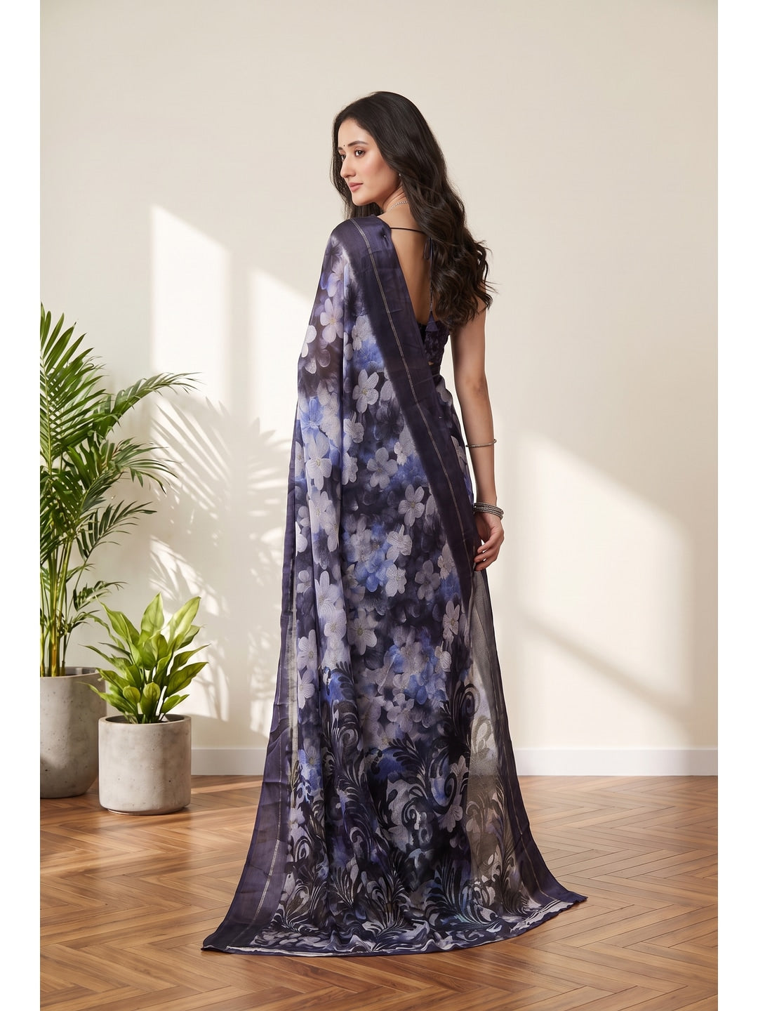 Peachmode Purple Floral Printed Satin Saree - Image 3