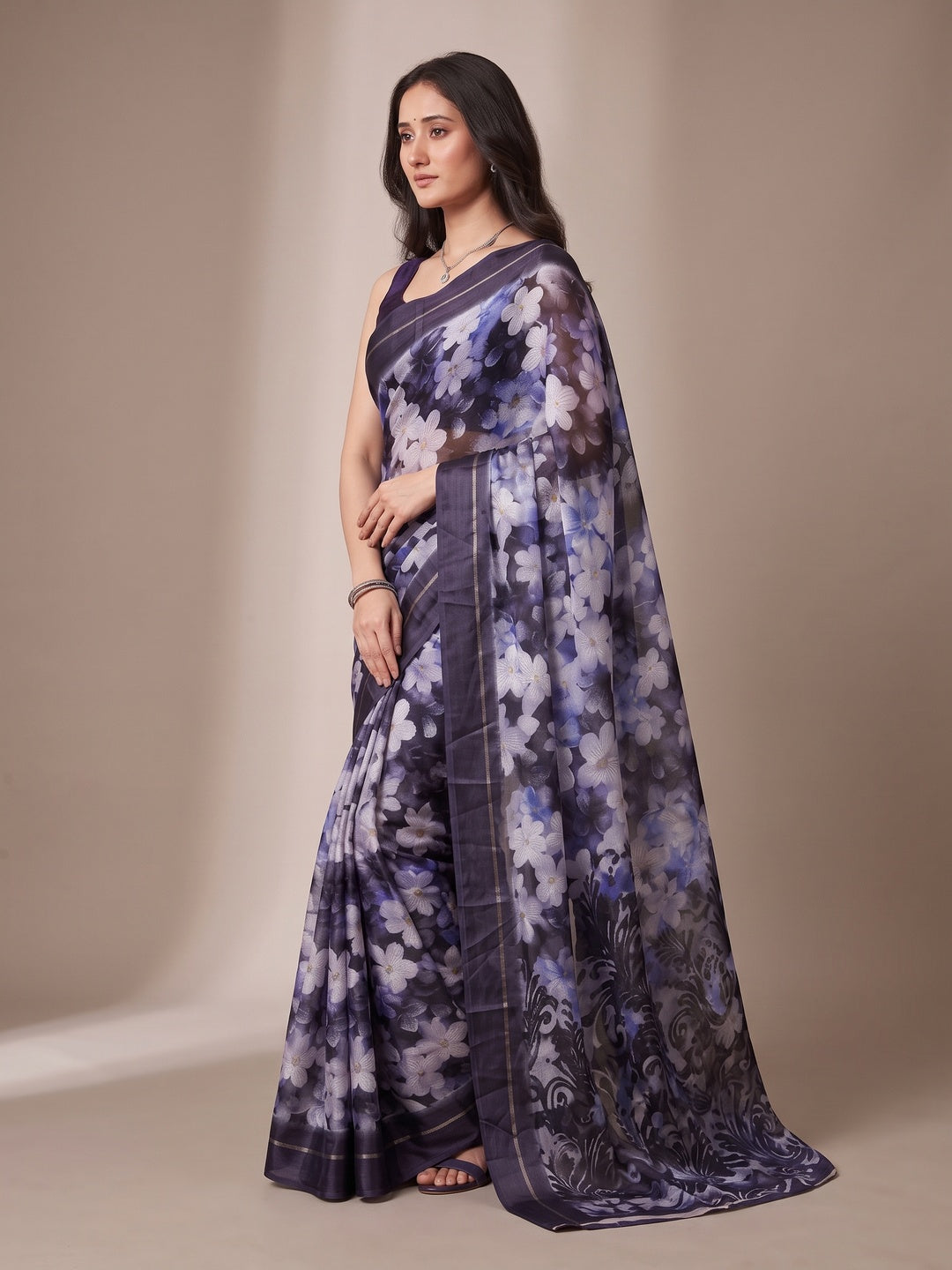 Peachmode Purple Floral Printed Satin Saree - Image 5