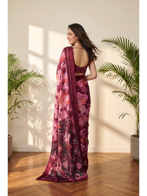 Peachmode Pink Floral Printed Satin Saree - Image 2
