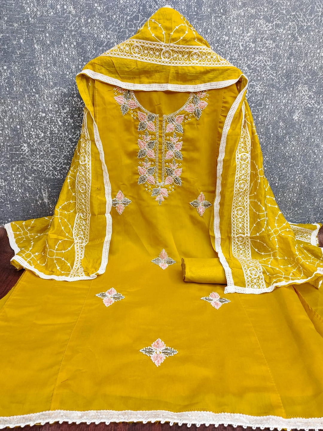 Mustard Roman Silk Embroidered Unstitched Dress Material - Image 1