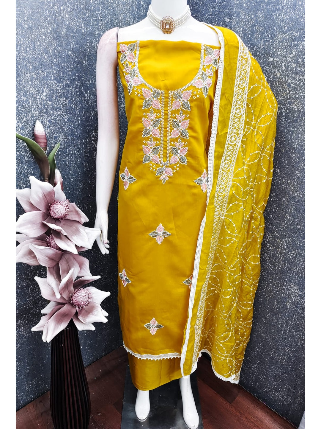 Mustard Roman Silk Embroidered Unstitched Dress Material - Image 4