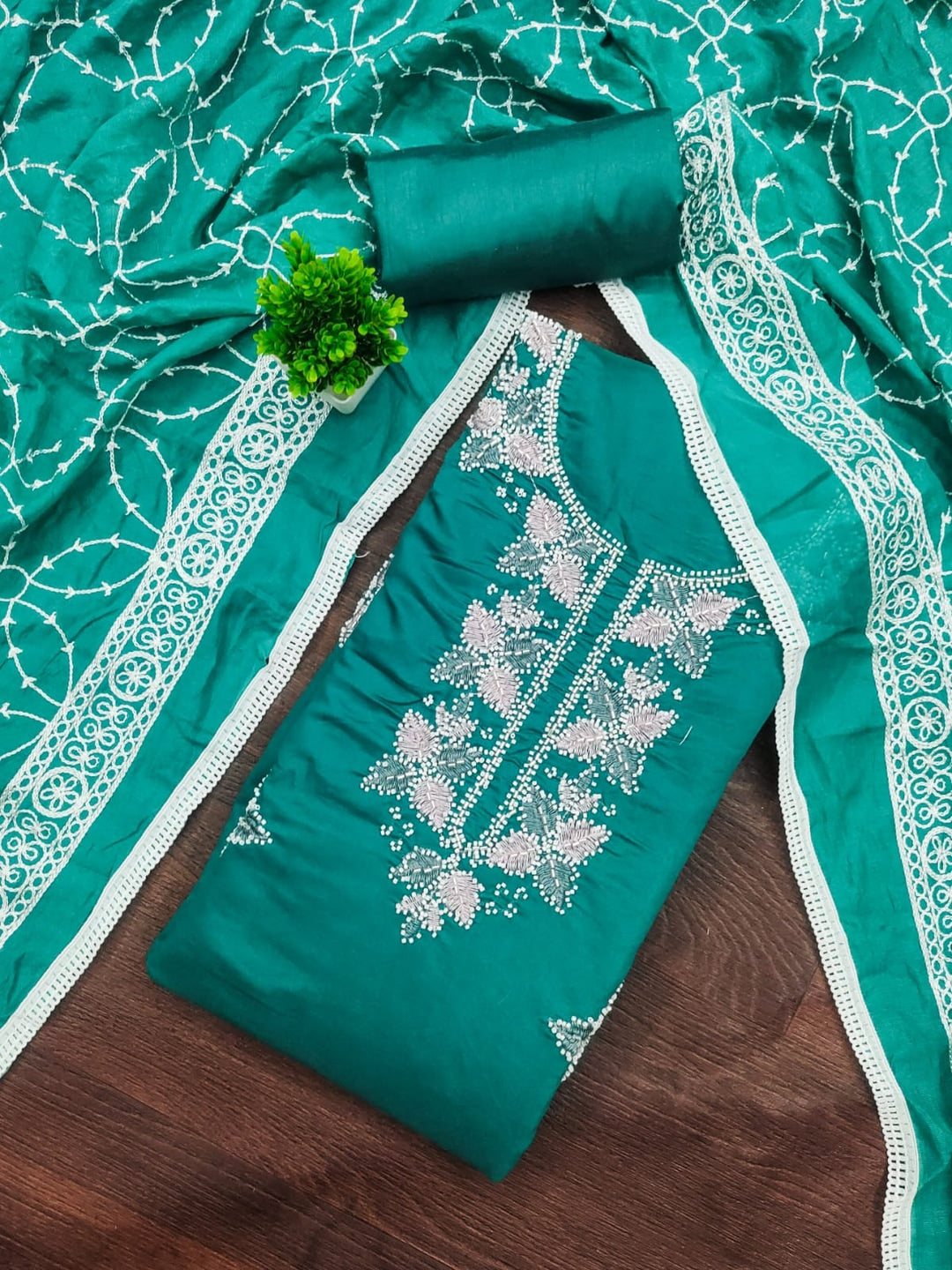 Turquoise Roman Silk Embroidered Unstitched Dress Material - Image 3