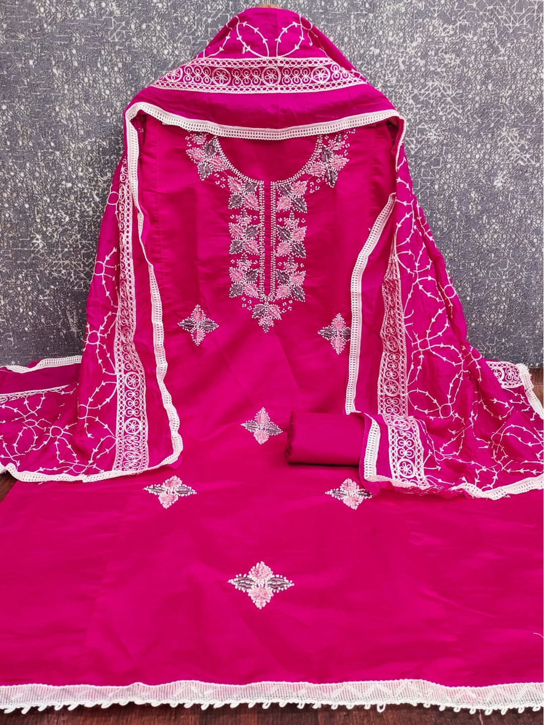 Pink Roman Silk Embroidered Unstitched Dress Material - Image 1