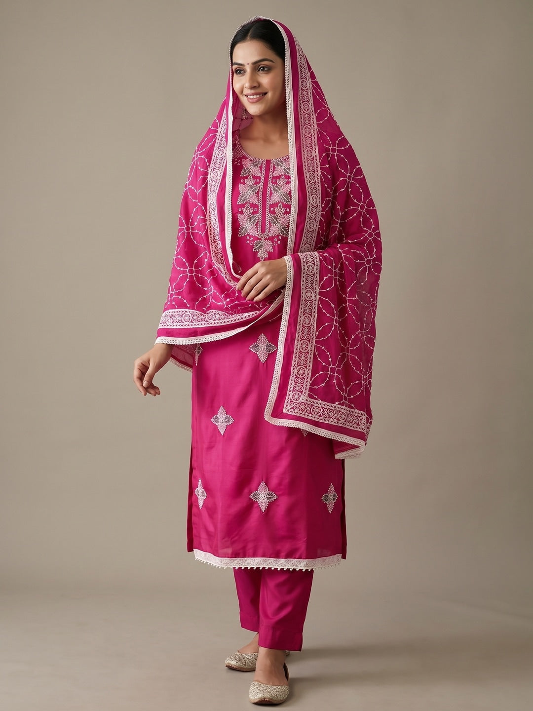 Pink Roman Silk Embroidered Unstitched Dress Material - Image 2