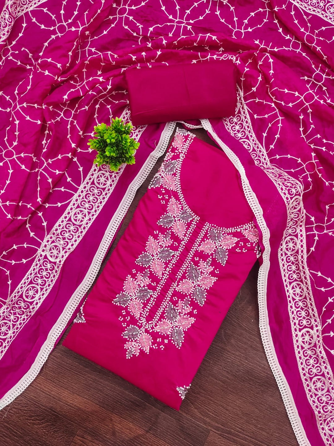 Pink Roman Silk Embroidered Unstitched Dress Material - Image 3