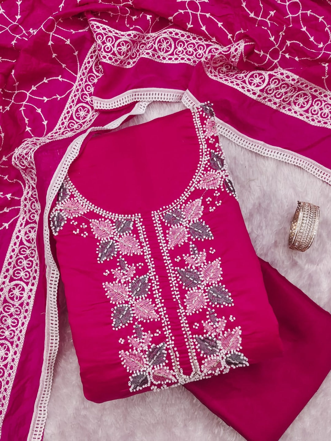 Pink Roman Silk Embroidered Unstitched Dress Material - Image 5