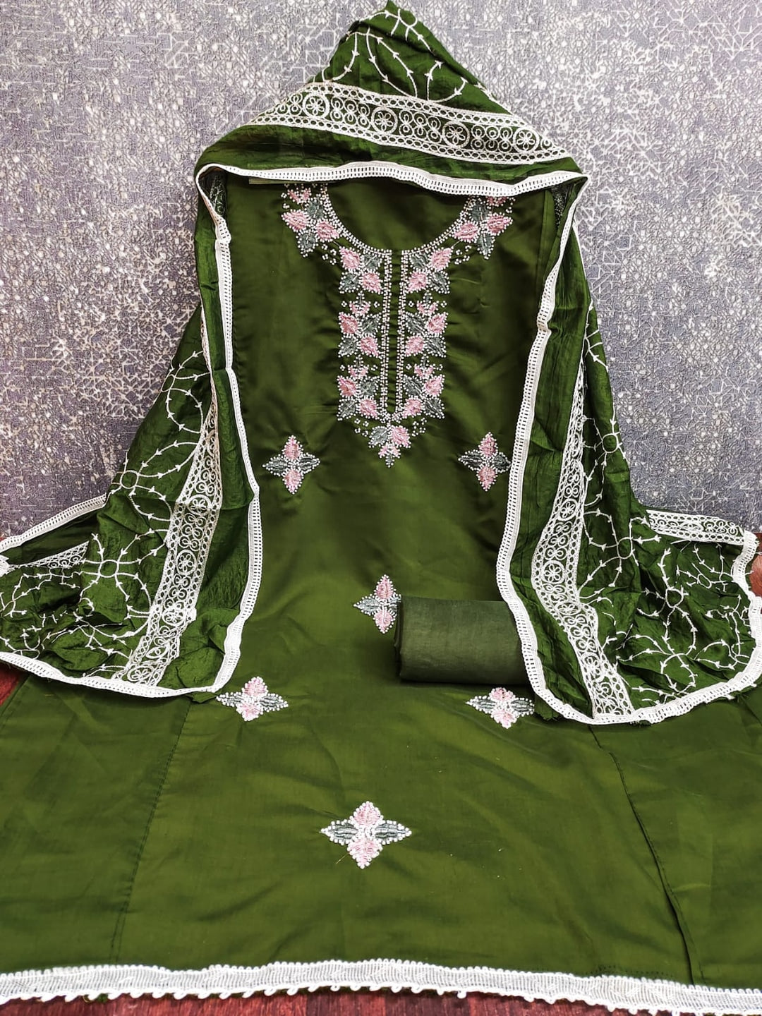 Olive Roman Silk Embroidered Unstitched Dress Material - Image 1