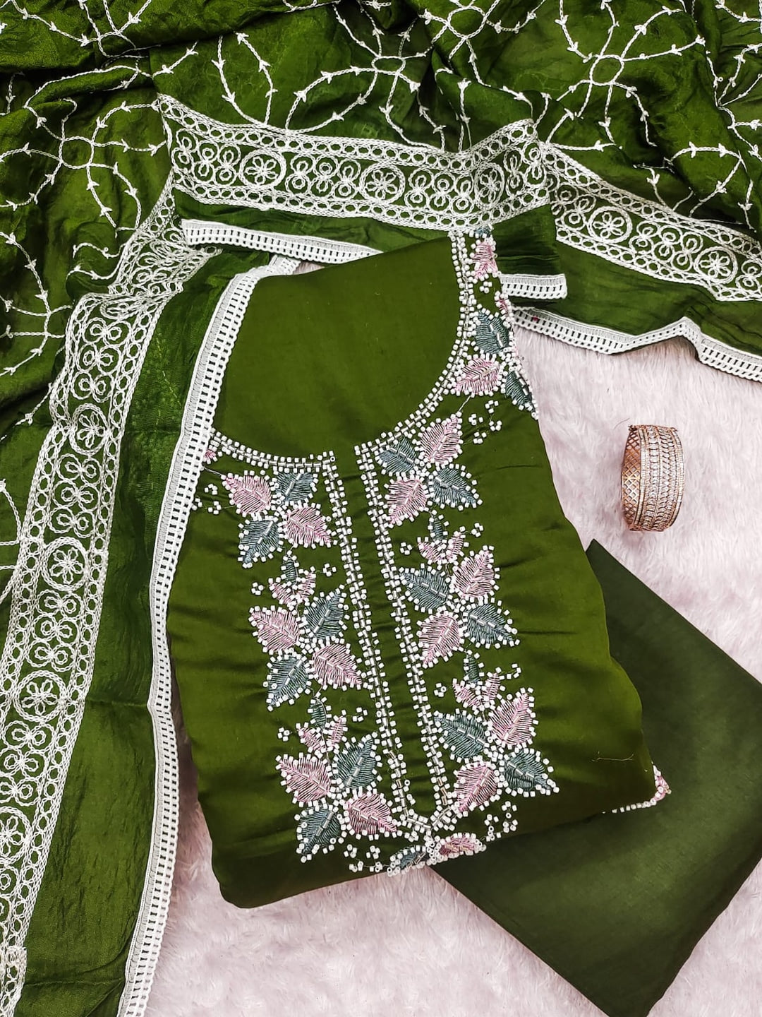 Olive Roman Silk Embroidered Unstitched Dress Material - Image 5