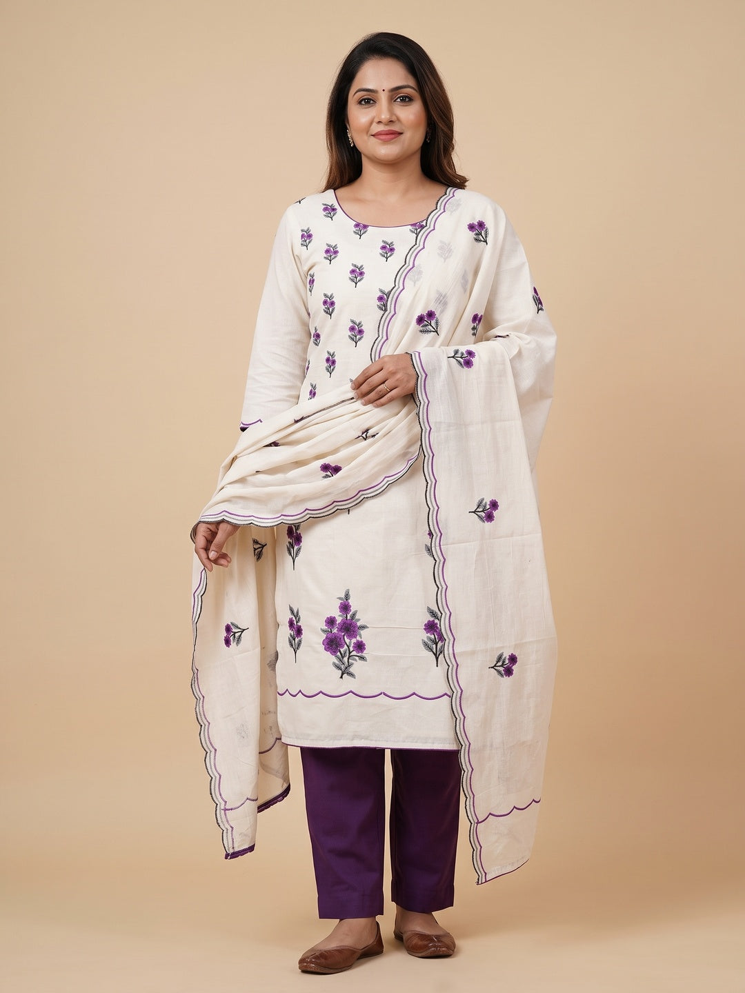 Peachmode Cream Purple Floral Embroidered Cotton Dress Material - Image 2