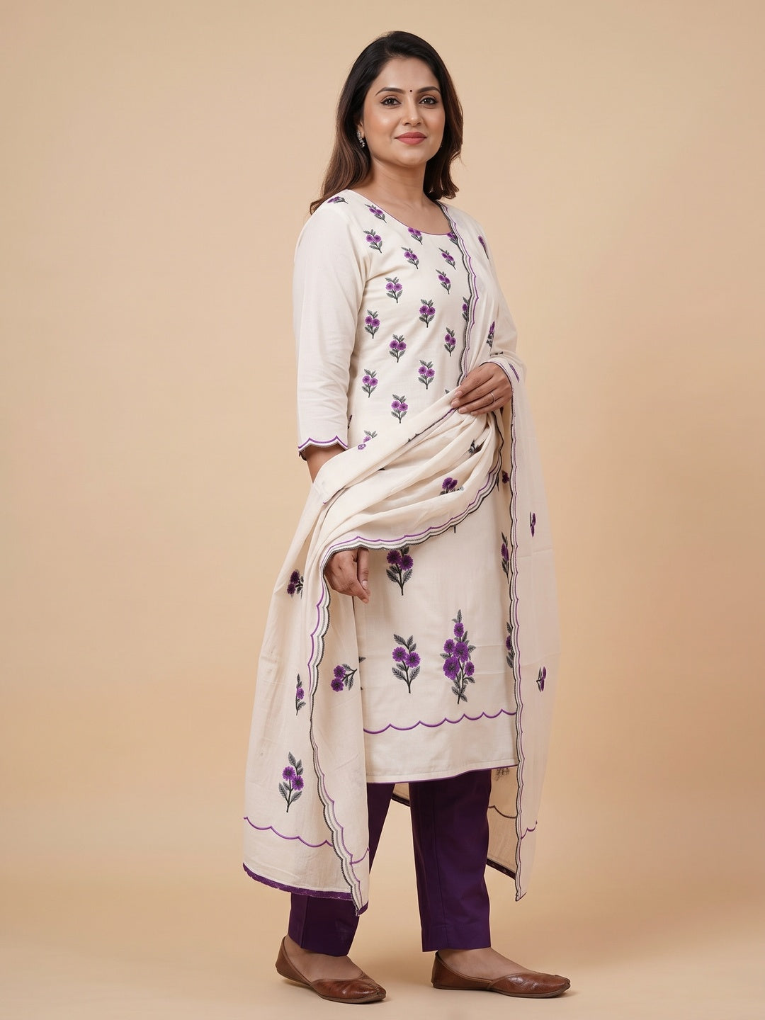 Peachmode Cream Purple Floral Embroidered Cotton Dress Material - Image 5