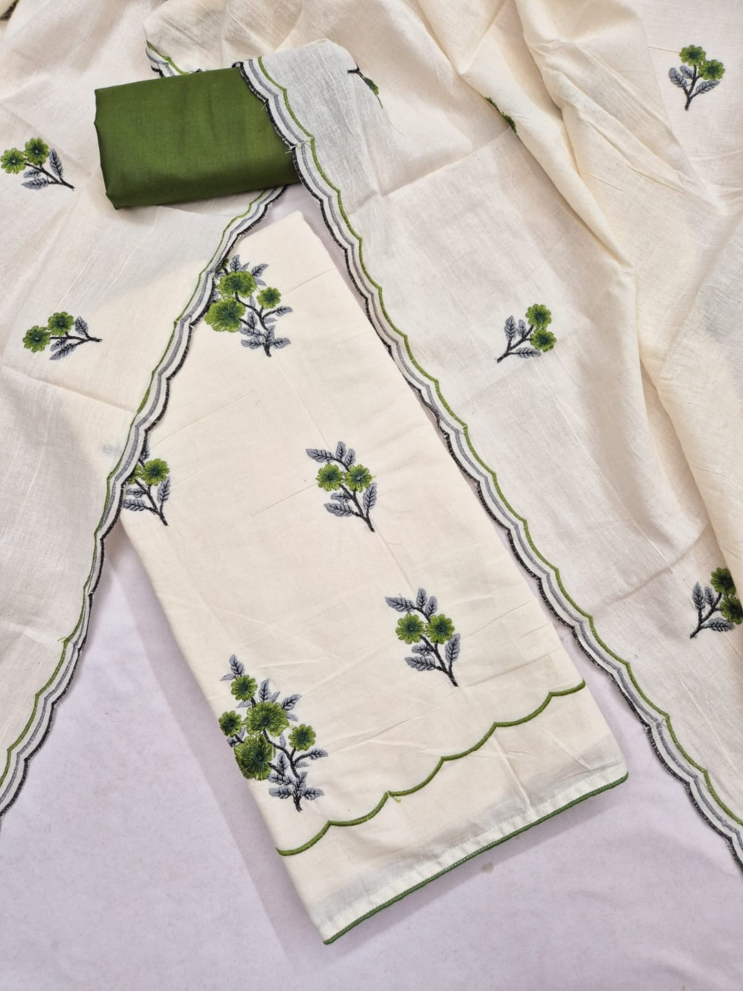 Peachmode Cream Olive Floral Embroidered Cotton Dress Material - Image 1