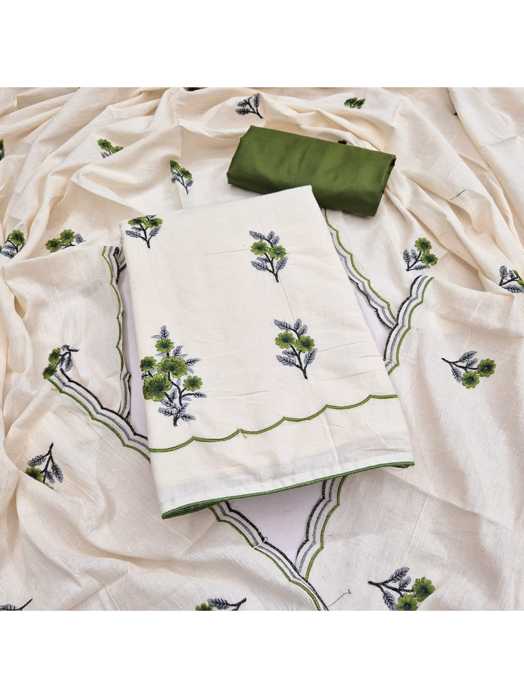 Peachmode Cream Olive Floral Embroidered Cotton Dress Material - Image 3