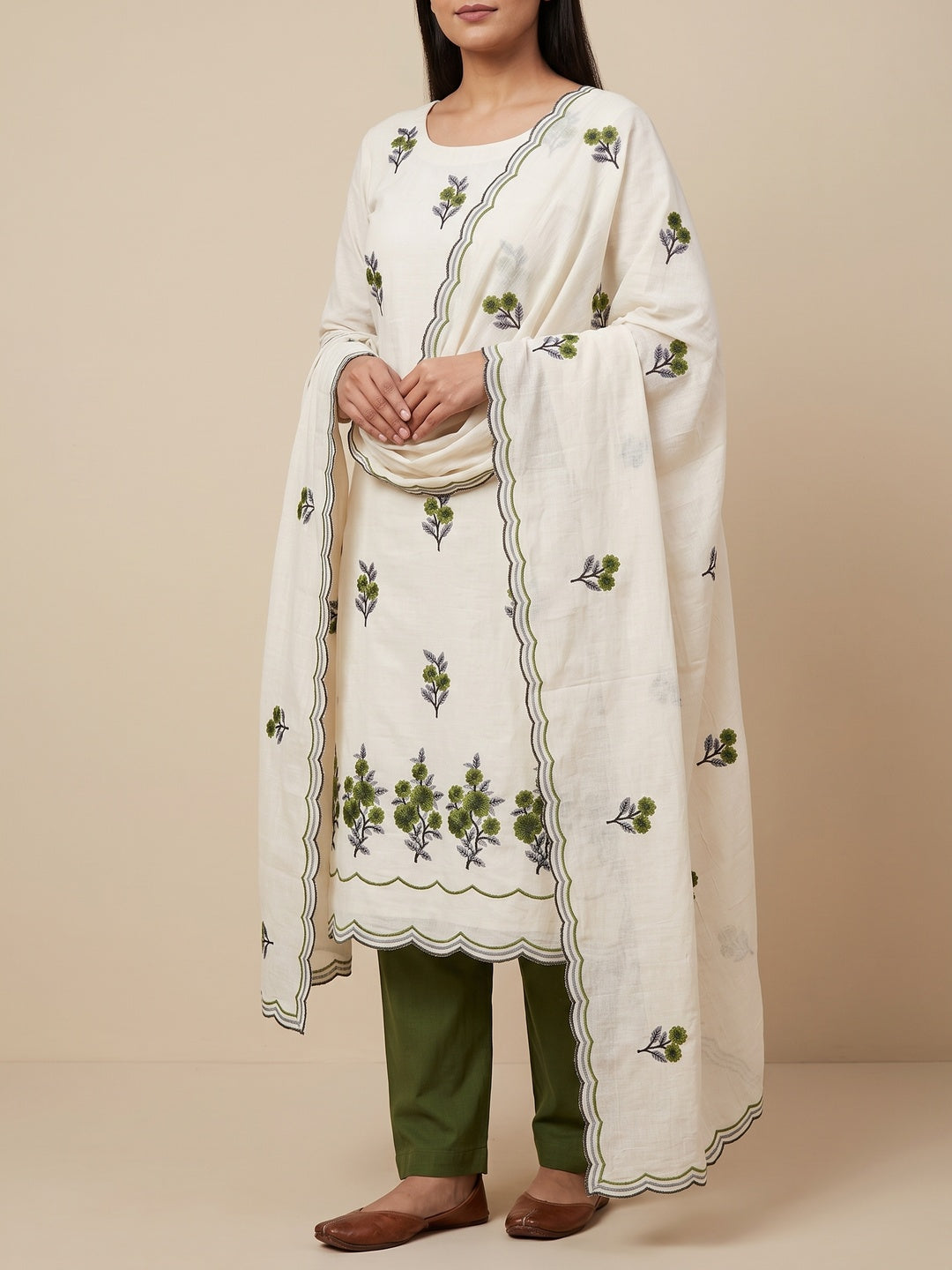 Peachmode Cream Olive Floral Embroidered Cotton Dress Material - Image 2