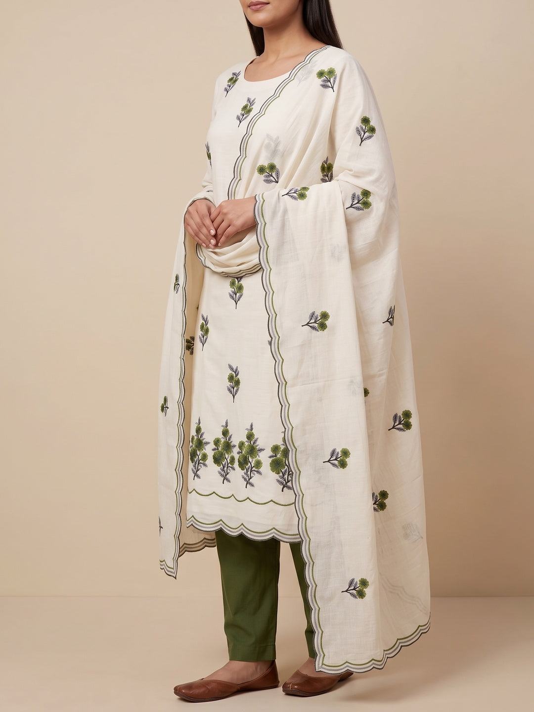 Peachmode Cream Olive Floral Embroidered Cotton Dress Material - Image 5