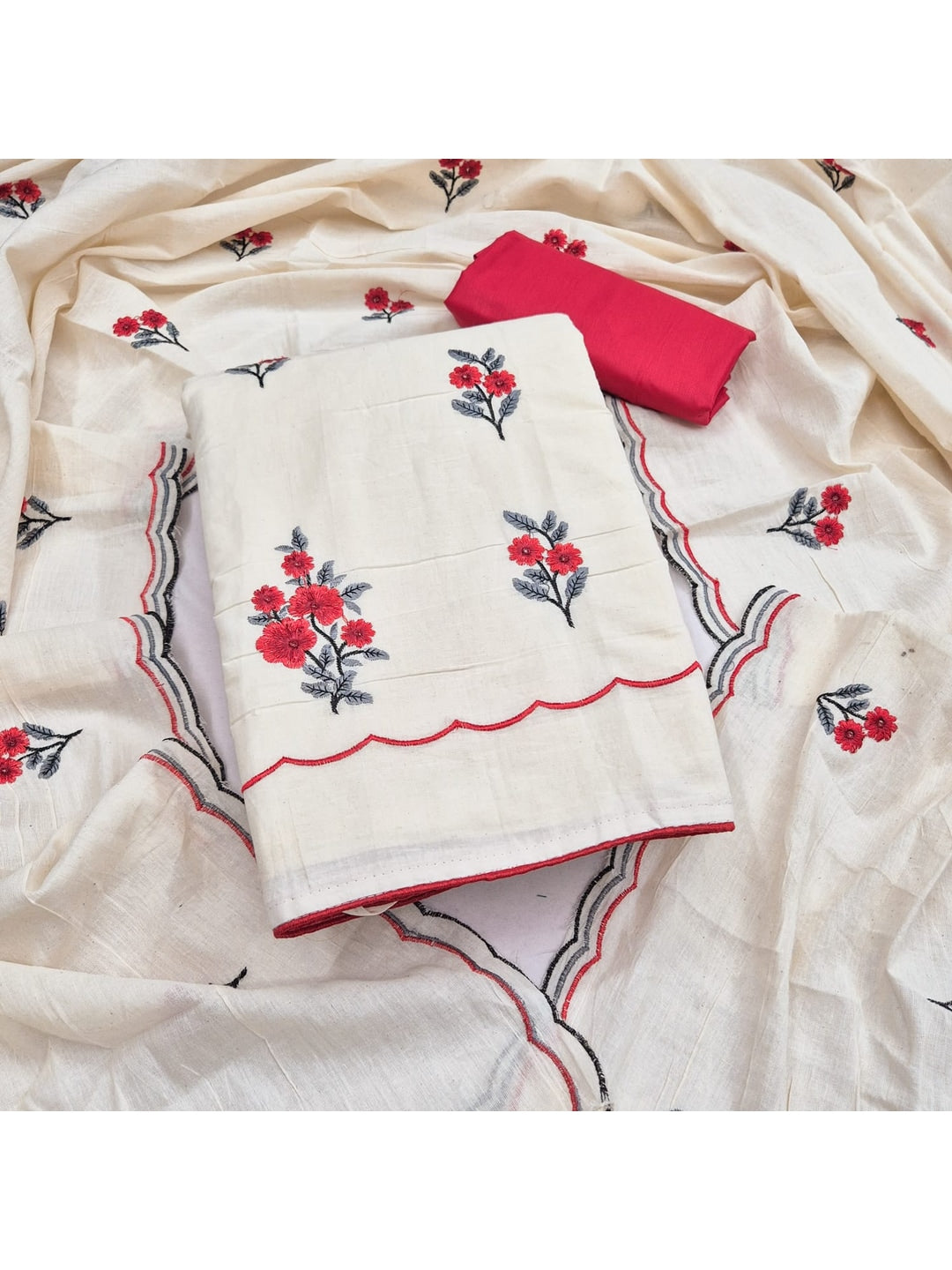 Peachmode Cream Red Floral Embroidered Cotton Dress Material - Image 3