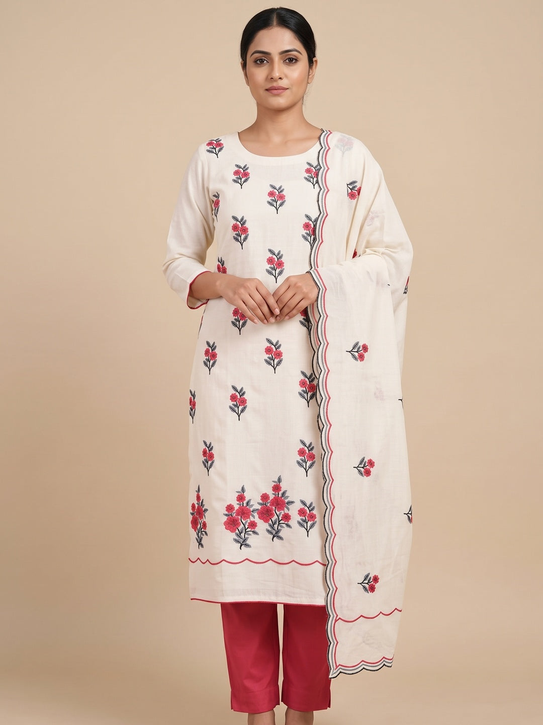 Peachmode Cream Red Floral Embroidered Cotton Dress Material - Image 2