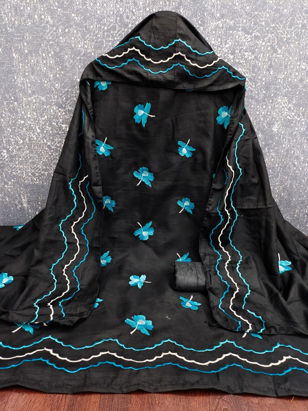 Peachmode Black Turquoise Floral Embroidered Silk Blend Dress Material - Image 3