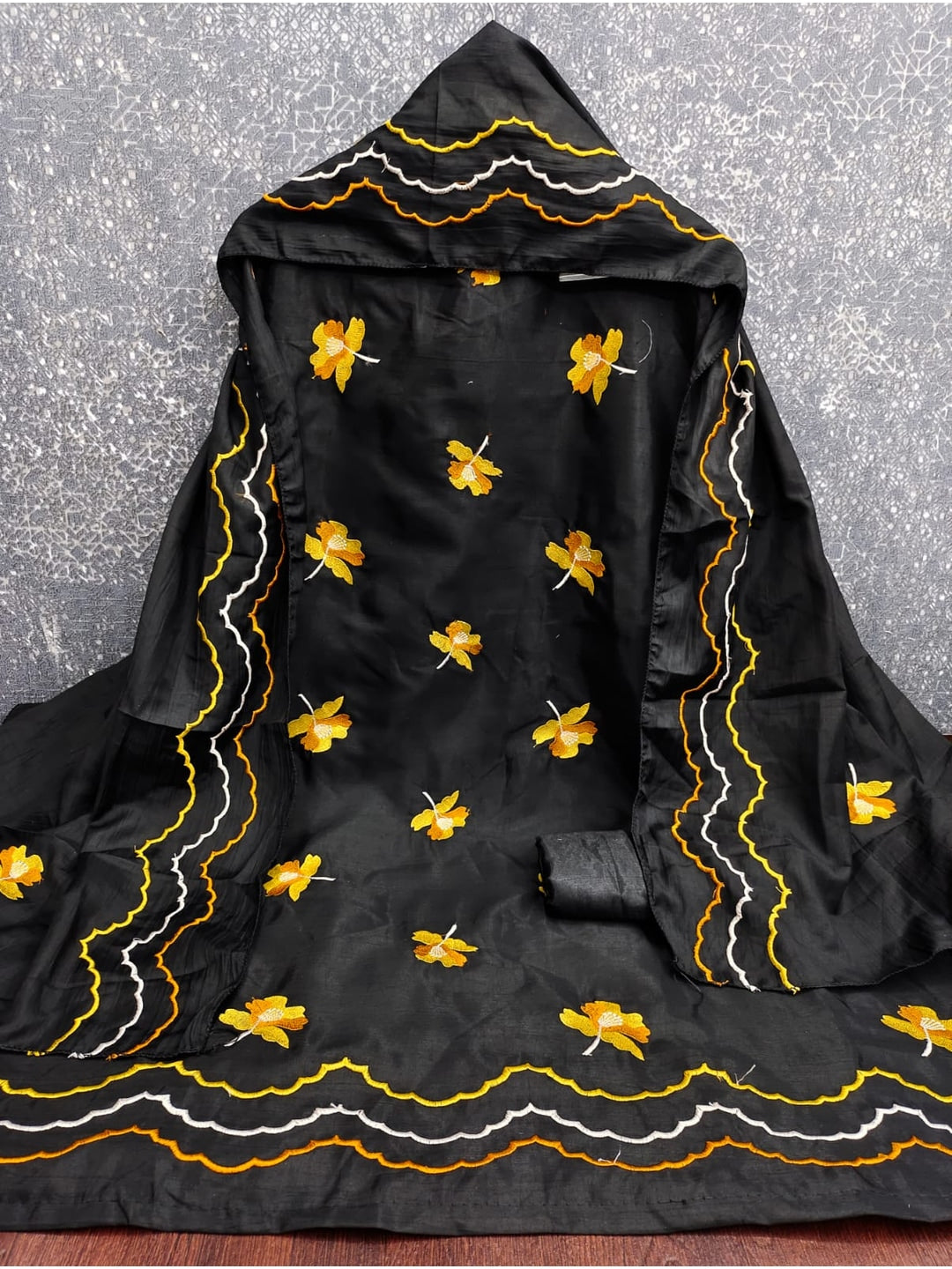 Peachmode Black Mustard Floral Embroidered Silk Blend Dress Material - Image 3