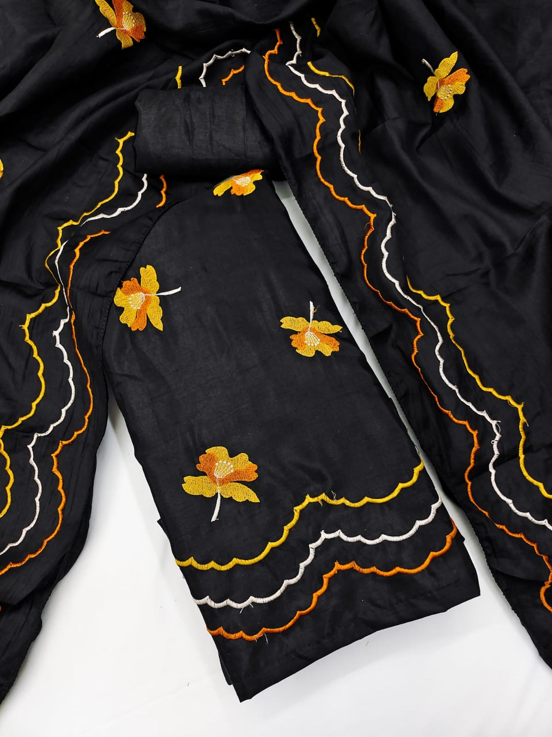 Peachmode Black Mustard Floral Embroidered Silk Blend Dress Material - Image 4