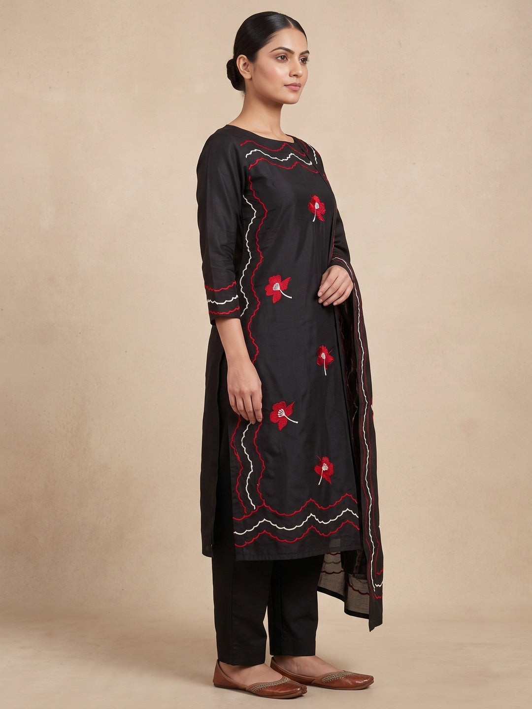 Peachmode Black Red Floral Embroidered Silk Blend Dress Material - Image 5