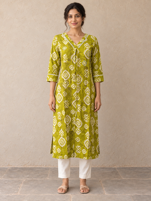 Green Viscose Blend Geometric Printed Kurti - Image 2